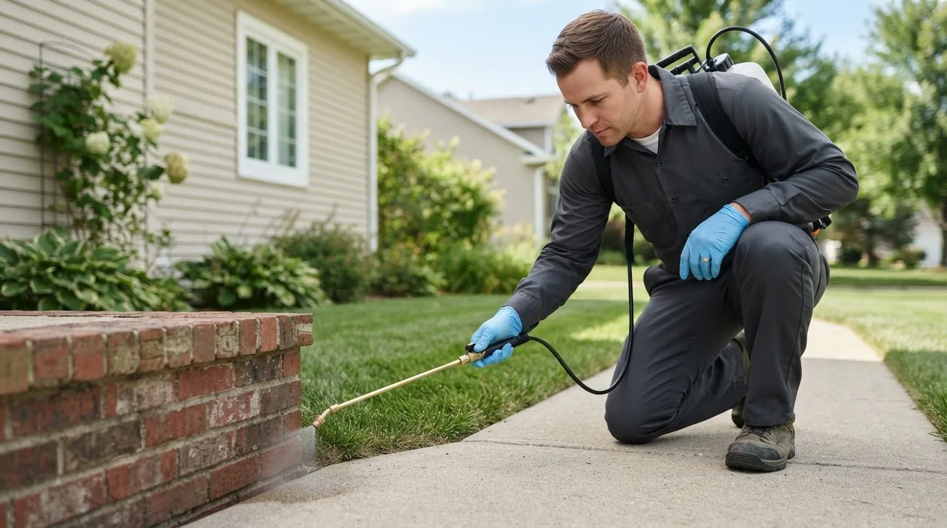 Pest control technician treating a home near Bradley, WV